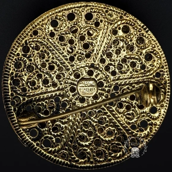 VINTAGE CZECH Domed Brooch with Filigree Metal and Glass Amber Toned Stones - Picture 3 of 5